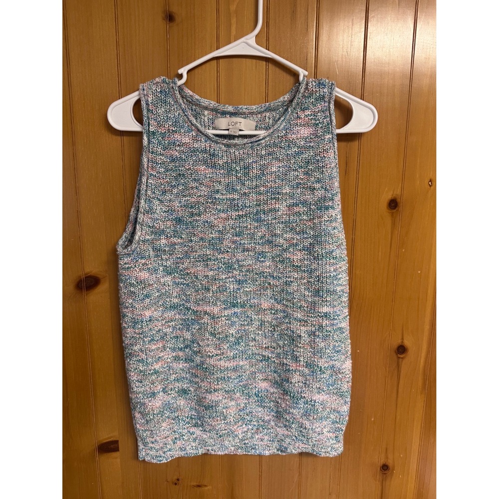 Loft Womens XL Space Dye Knit Sleeveless Sweater Shell Blue Pink White Preppy
